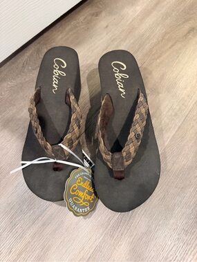 Cobian Brown Braided Thong Sandals with Black Footbed